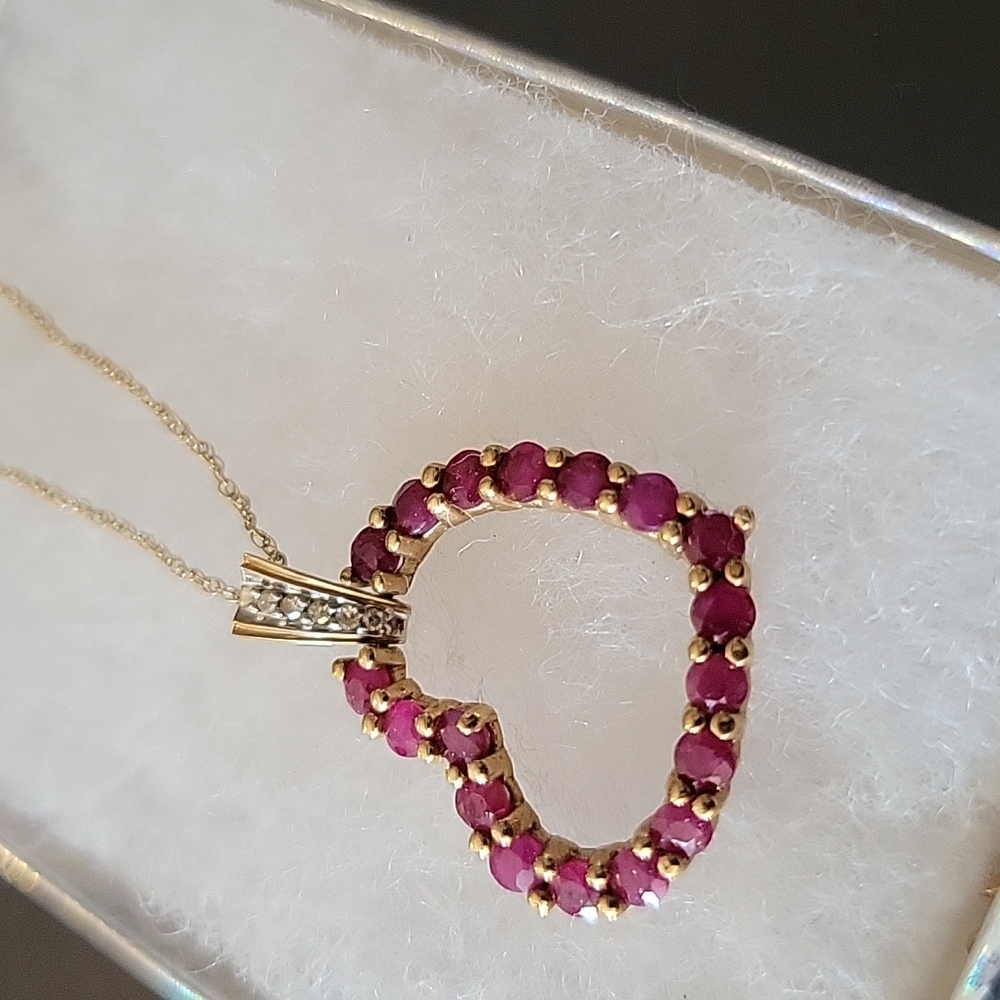 Genuine Ruby Heart Necklace in 10k Yellow Gold 1.5 total carat weight in Rubies